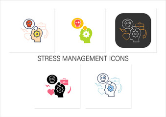Stress management icons set.Controlling person stress level. Avoid stressful situations. Conflict management concept.Collection of icons in linear, filled, color styles.Isolated vector illustrations