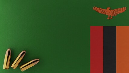 Three 9mm bullets in the bottom left corner on top of the national flag of Zambia