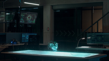 Futuristic High Tech Research Facility with Holographic Desk and Transparent Screens. Artificial Intelligence Concept.