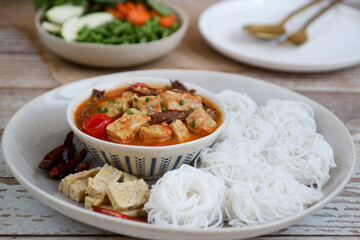 A healthy vegan tempeh curry in Thai traditional style call 