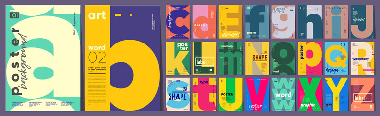 Mega collection of posters. Poster layout design. Letters. Alphabet. Template poster, banner, magazine mockup.