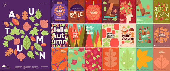 Autumn. Mega set. Simple flat vector illustrations. Background patterns hello autumn, autumn sale, seasons. Perfect background for banner, poster, flyer, cover.