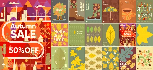 Poster Autumn. Mega set. Simple flat vector illustrations. Background patterns hello autumn, autumn sale, seasons. Perfect background for banner, poster, flyer, cover. © Molibdenis-Studio