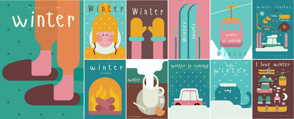 Winter time. Collection of winter backgrounds. Set of vector illustrations. Simple backgrounds. Funny pictures about winter vibe.