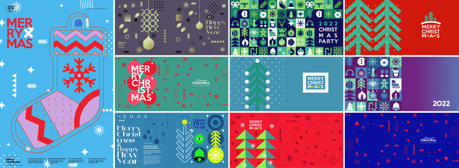 Merry Christmas and Happy New Year! Winter. Holiday Backgrounds Collection. Simple background. Trendy style. Cover, invitation or poster design. Vector illustration. - obrazy, fototapety, plakaty