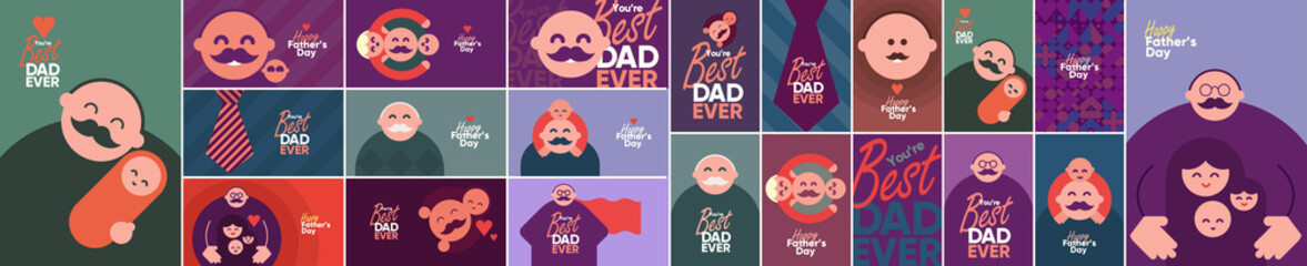 Father's Day is a day of honouring fatherhood and paternal bonds. Mega collection of posters. Children hug dad. Flat vector illustration. Minimalistic background for poster, postcard, banner.