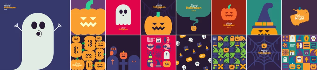 Foto op Aluminium Happy Halloween. Mega set. October 31. A set of simple vector illustrations. Minimalist, geometric, background. Pattern Collection. Perfect for poster, media banner, cover or postcard. © Molibdenis-Studio