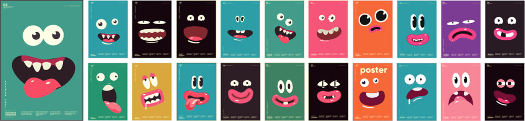 Emotions, cartoon faces, funny monsters. Mega collection of posters. Big Set of vector illustrations. Simple background pictures, perfect for posters, banners, t-shirt print, desktop wallpaper. © Molibdenis-Studio