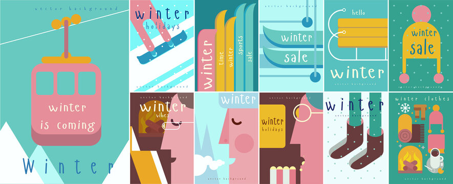 Winter time. Collection of winter backgrounds. Set of vector illustrations. Simple backgrounds. Funny pictures about winter vibe.