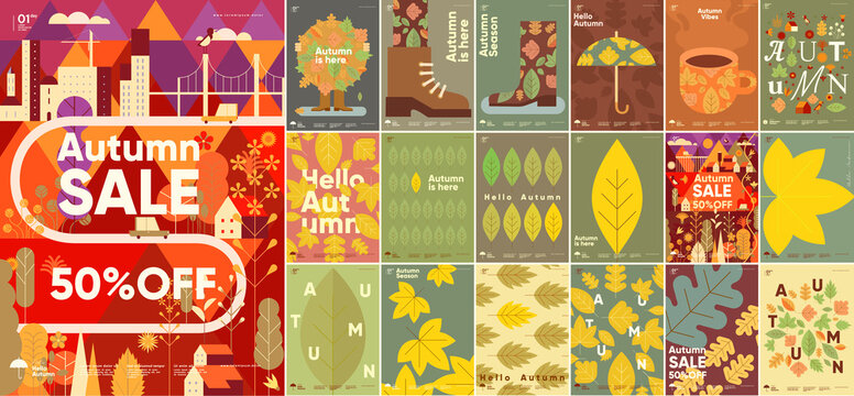 Autumn. Mega Set. Simple Flat Vector Illustrations. Background Patterns Hello Autumn, Autumn Sale, Seasons. Perfect Background For Banner, Poster, Flyer, Cover.