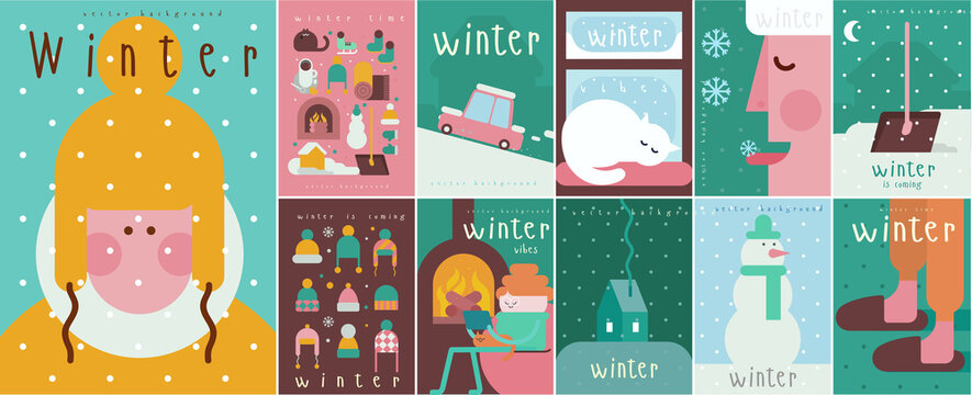 Winter time. Collection of winter backgrounds. Set of vector illustrations. Simple backgrounds. Funny pictures about winter vibe.