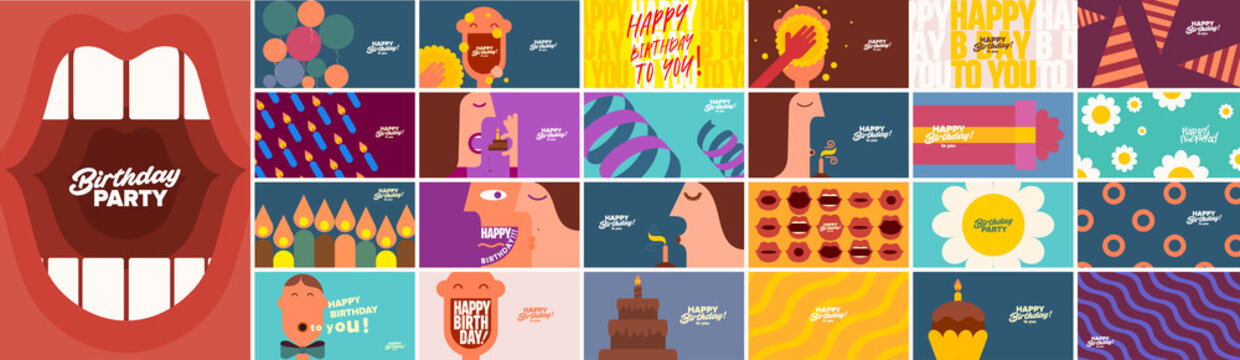 Birthday. Simple, fun, vector illustrations. Mega collection of posters. A set of vector illustrations. Happy birthday greeting. Happy face. A screaming mouth.