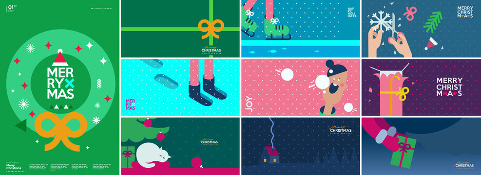 Merry Christmas and Happy New Year! Winter. Holiday Backgrounds Collection. Simple background. Trendy style. Cover, invitation or poster design. Vector illustration.