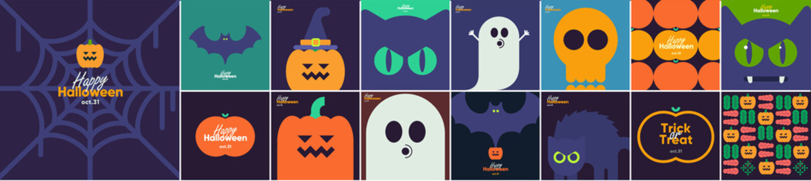 Happy Halloween. Mega set. October 31. A set of simple vector illustrations. Minimalist, geometric, background. Pattern Collection. Perfect for poster, media banner, cover or postcard.
