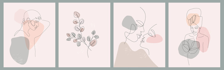 A set of abstract posters of contemporary art. Portraits of men, women, lovers, drawn by hand with a line. A branch of the eucalyptus plant in simple forms. Vector graphics. © Ирина Горбунова
