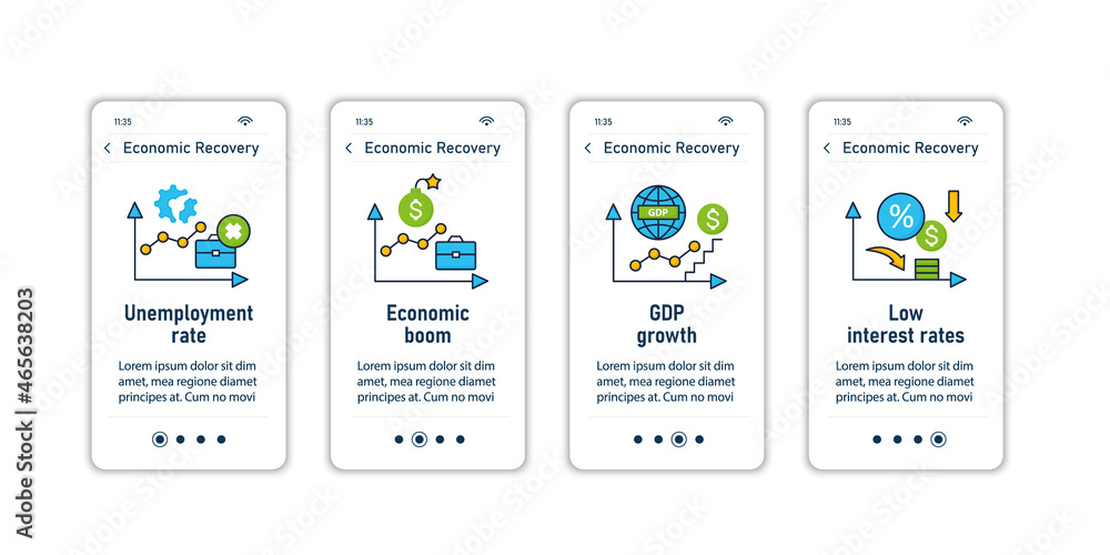Poster economic recovery onboarding mobile app screens. economy variations. growth period. business concept