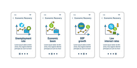 Economic recovery onboarding mobile app screens. Economy variations. Growth period. Business concept. steps menu. Set of UI, UX, web template with RGB color linear icons