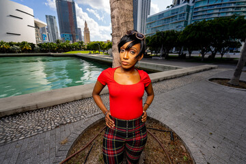 Woman in style posing outdoors Downtown Miami Florida USA
