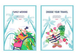 Banner or card set on travel and summer vacation topic, flat vector illustration. Traveling and resort posters. Weekends and vacation. Beach and park activity.