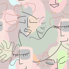 One line drawing. Abstract face seamless pattern.