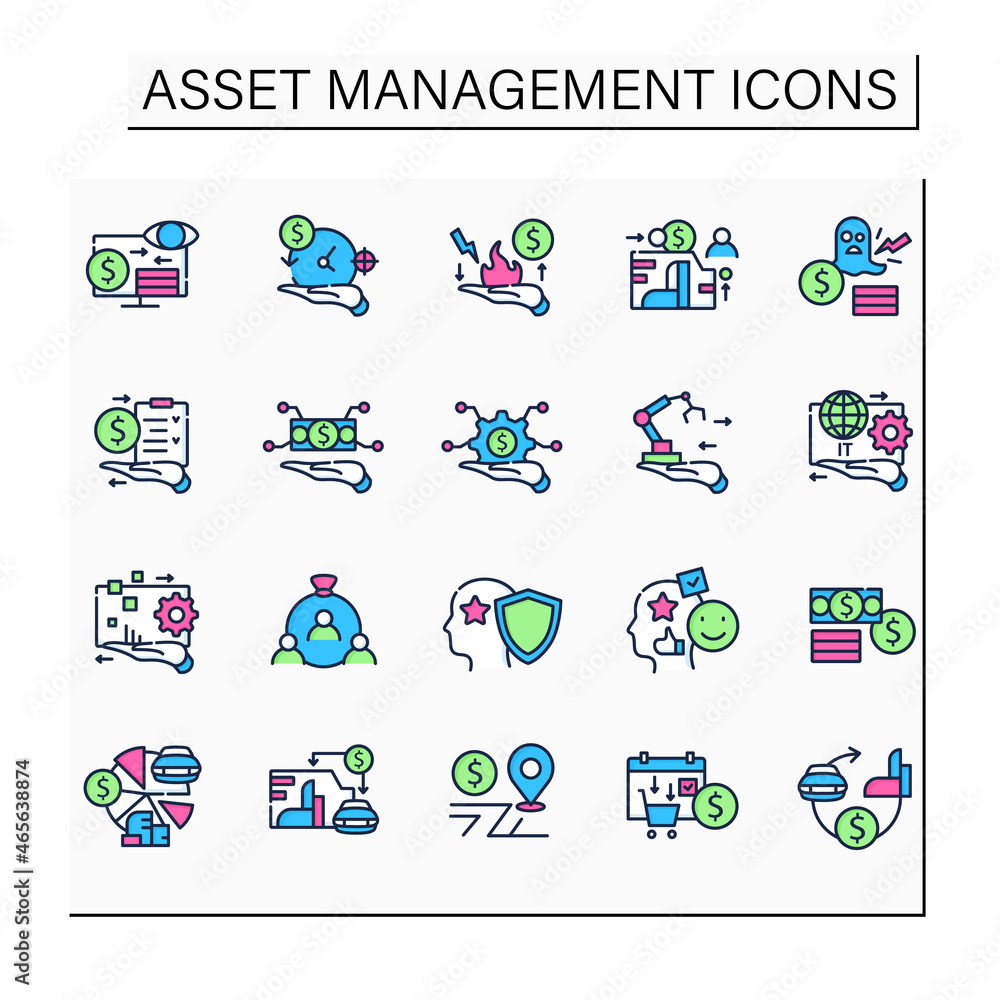 Poster asset management color icons set. financial resources. monitoring accounts. identification, evaluati