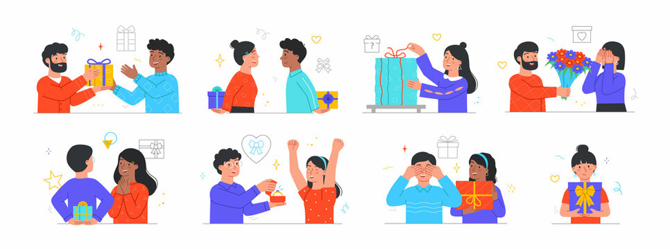 Giving and receiving gifts. Collection of images in which characters delight each other. Set of pictures from holidays, celebration. Cartoon flat vector illustrations isolated on white background