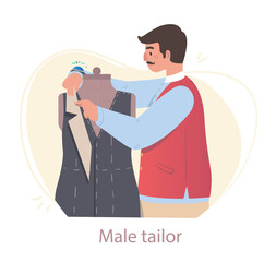 Male tailor selects size. Atelier engaged in sewing clothes. Character holding mockup of fabric, searching for desired shape. Employee puts vest on mannequin. Cartoon flat vector illustration