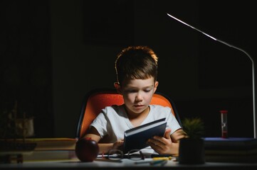 Fototapeta na wymiar boy doing homework at home in evening