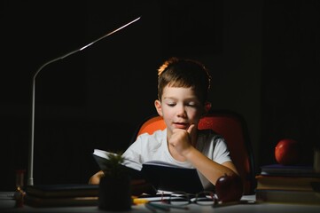 concentrated schoolboy reading book at table with books, plant, lamp, colour pencils, apple, and textbook