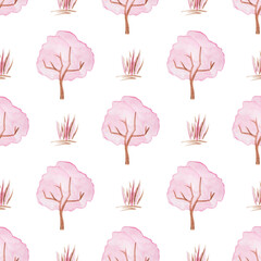 Seamless pattern with hand-drawn watercolor tree with lush pink foliage and grass on white.