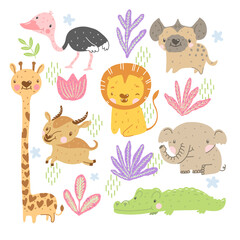 Obraz premium Cute Baby African Animals set. Vector children illustration with adorable characters of african wildlife - elephant, lion, ostrich, hyena, giraffe, antelope, alligator - isolated on white background.