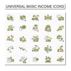 Universal basic income color icons set. Tax declaration, economic growth. Inequality and inflation. Global economy concept. Isolated vector illustrations