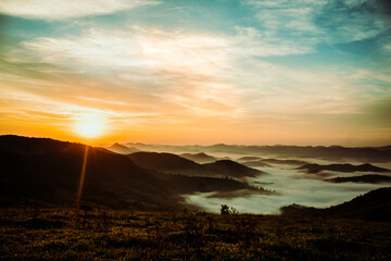 blue sky and yellow sun background with white clouds.
