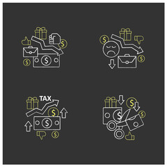 Universal basic income chalk icons set. Higher tax, less spending, reduce work motivation, low wages. Inequality and inflation. Isolated vector illustrations on chalkboard