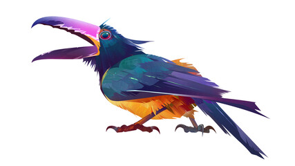 Drawn bright bird toucan arasari on white background