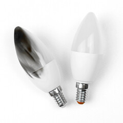 Home safety with LED light bulb. Concept of electrical short circuit. Burning wire in house,...