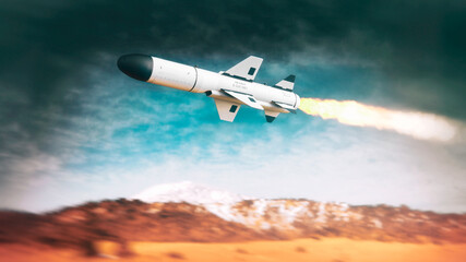 Fototapeta na wymiar 3D render of a unified anti-ship missile system for the Navy in the process of an attack