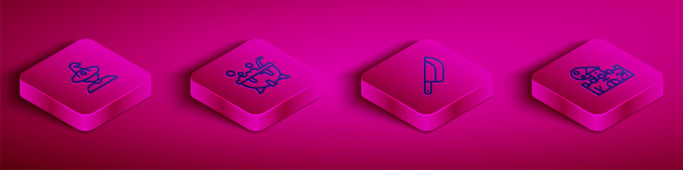 Set Isometric line Witch, Halloween witch cauldron, Knife and Castle, fortress icon. Vector