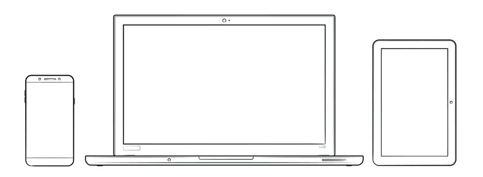 Laptop, smartphone and tablet vector stock illustration - black and white image.