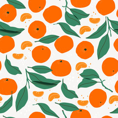 Vector seamless pattern with mandarin fruits, slices and leaves. Hand drawing tangerine background. For design, print, textile, paper.