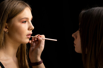 Fototapeta premium Make-up artist applying lipstick with a brush on model's lips. Professional make up in a salon.