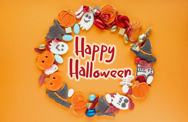 round frame wreath of sweets for the holiday, happy Halloween card 