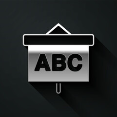 Silver Chalkboard icon isolated on black background. School Blackboard sign. Long shadow style. Vector