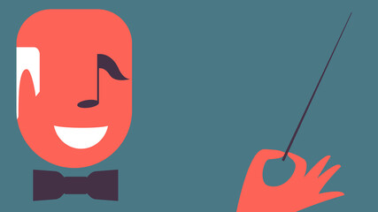 Concept vector illustration of smiling orchestra conductor with music note as part of his face. Clipping mask used.
