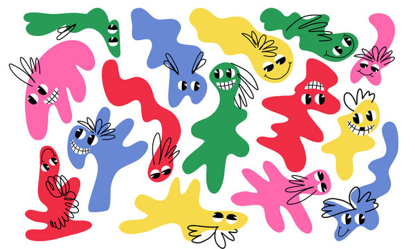 Set of funny modern bright characters with spooky and groovy faces, monsters, bacteria, abstract shapes, spots. 
