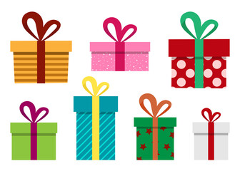 Gift boxes, presents isolated on white. Colorful wrapped. Sale, shopping concept. Collection for Birthday, Christmas. For Vector Cartoon flat design