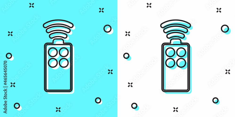 Poster black line remote control for the camera icon isolated on green and white background. an auxiliary d
