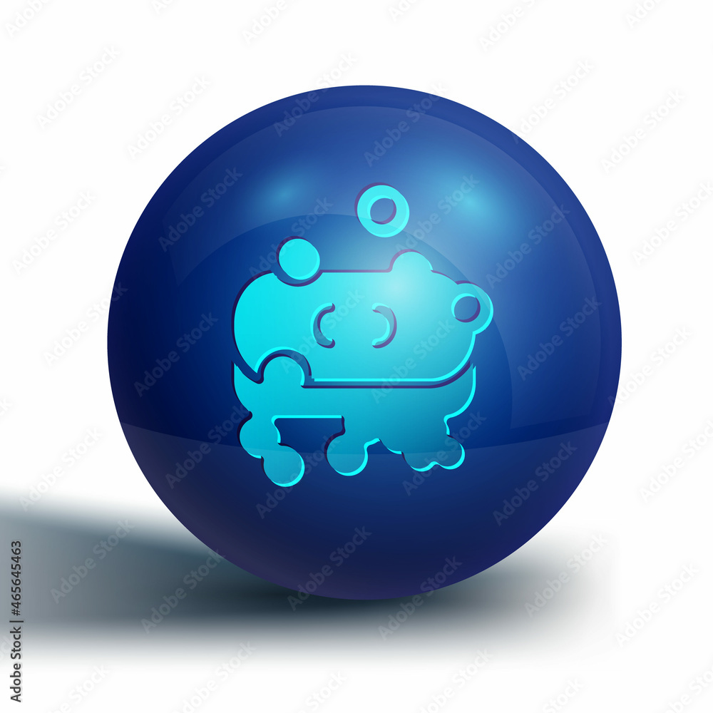 Poster blue bar of soap with foam icon isolated on white background. soap bar with bubbles. blue circle but