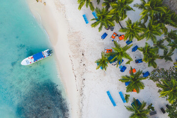 Sandy beach turquoise water coconut palms and tourist boat. Background from top view. Drone shot. Exotic travel tourism concept