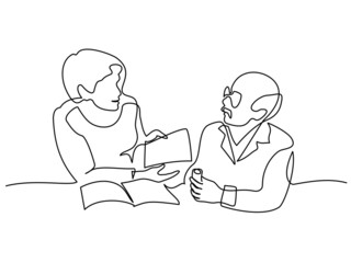 Doctor explains to patient how take medicine. Continuous One line drawing